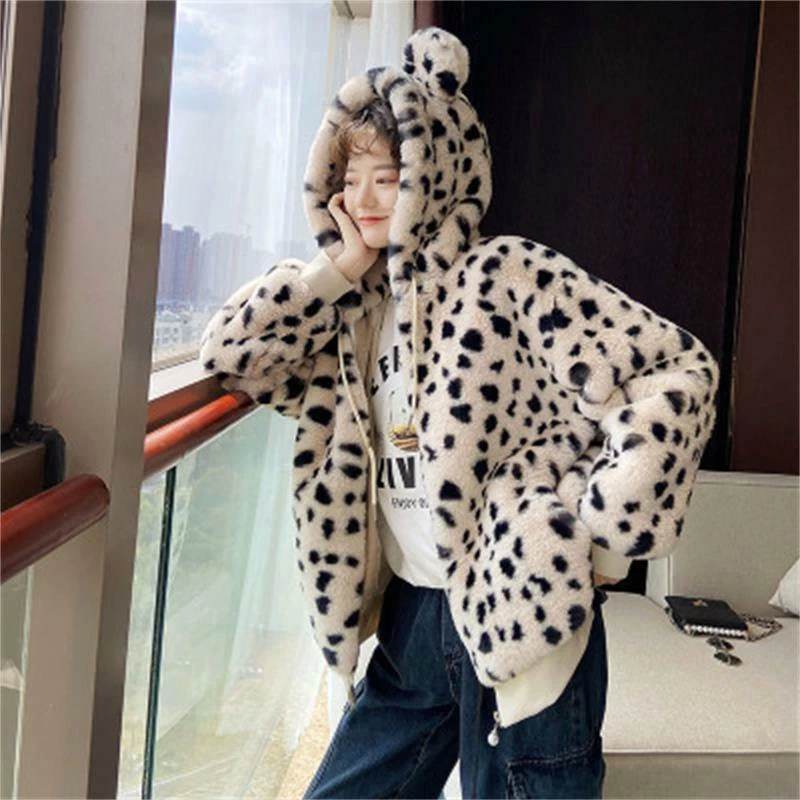 Women Faux Fur Cute Hoodie Jacket Parka Outwear Winter Leopard