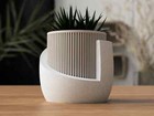 3D Printed Mid-Century Ribbed Japandi Planter with Drip Tray - Beige - 6" Tall