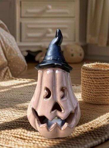 Keramik Kürbis mit schwarzem Hexenhut beleuchtet LED Halloween Ornament - Bild 5 von 13