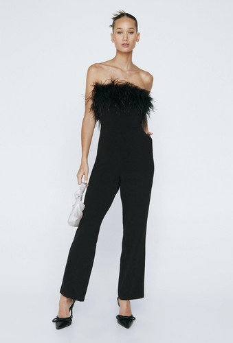Nasty Gal Petite Bandeau Feather Trim Jumpsuit size US 14 NWT - Picture 1 of 7