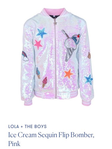 Sz 14 LOLA+ THE BOYS Ice Cream Sequin Bomber Jacket Girls Fleece Lined Shimmer