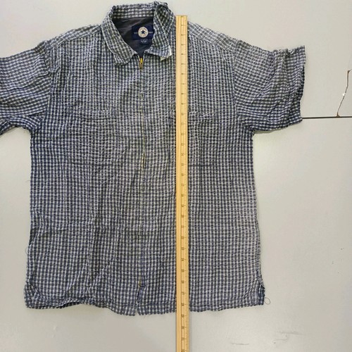 CONVERSE ALL STAR Plaid Shirt Men Full Zip Short Sleeve Collar Blue Size L Pit22 - Picture 4 of 11