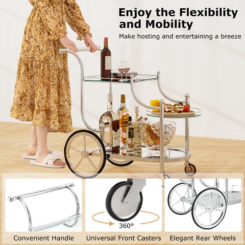 Serving Cart Kitchen Bar Wine Tea Cart Glass Shelves & Metal Frame with Wheels - Picture 6 of 10