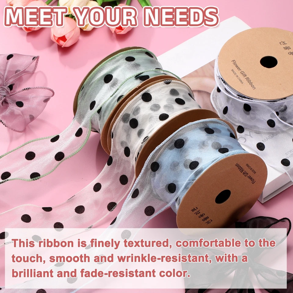 2 Inch x 10 Yards Organza Ribbon Polka Dot with Wave Ribbon Edge Pink - Image 4 of 4