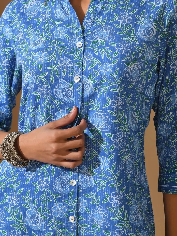 Túnica Kurta Kurti Indian Mujer Azul Algodón Estampado Floral Encaje Inserciones Detalle Foto 4 de 4