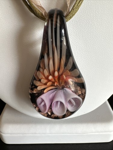 Vintage Lampwork Glass Pendant Necklace Floral Design - Bild 4 von 8