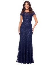 Xscape Women's Sequined Lace Cap-Sleeve Gown - Navy, 8