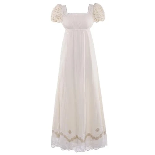 Vestidos Regency para Mujer Lujoso Vestido de Encaje Cintura Imperio Pequeño Beige Foto 2 de 4
