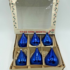 6 - Vintage Poland 4" BLUE Teardrop Christmas Ornaments Mercury Mica Blown Glass