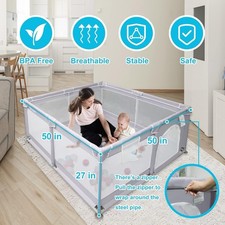 Baby Playpen Play Yard Fence for Toddlers, 50"X50" Gray, indoor outdoor, soft