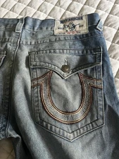 True Religion Men's Jeans 36x34 Blue Denim Distressed Flap Pockets