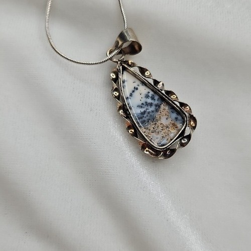 Weiß Grau Dendrit Opal Natur Edelstein Anhänger Halskette Versilbert Kette - Bild 5 von 6