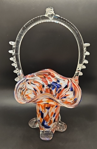 Vintage Large Art Glass Romanian speckled basket posy vase Red White Blue 12" - Picture 1 of 7