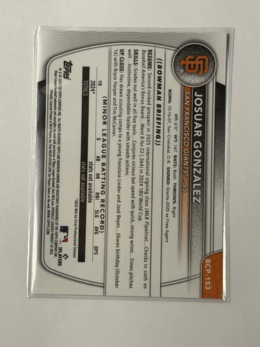 2025 Bowman Chrome Mega Josuar Gonzalez 1st Purple Mojo /250 Giants BCP-153 - Bild 3 von 3