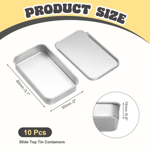10Pcs Slide Top Tin Containers, 3"x2"x0.6" Mini Metal Empty Tins Box, Silver - Picture 2 of 7
