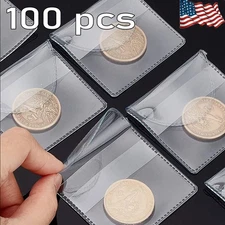 100PCS 2x2Inch Clear Single Pocket Plastic Coin Sleeves Coin Pouches Coin &Jewel
