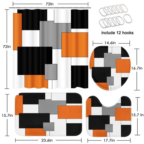 Orange Geometric Shower Curtain Set with Toilet Lid Cover and Non-Slip Rugs f... - Picture 2 of 7