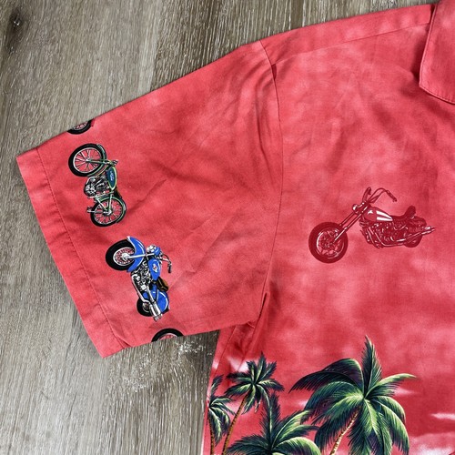KY’S Hawaiian Shirt Men's M Red Motorcycle Palm Tree USA Chopper Aloha Cotton - Picture 3 of 15