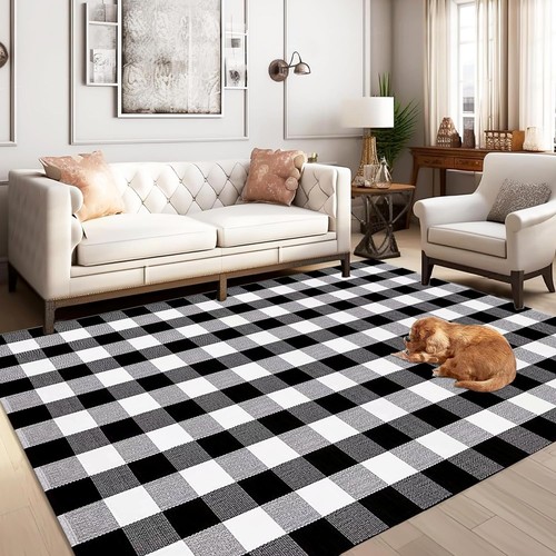 Buffalo Plaid Outdoor Rug 5' x 7' Washable Rugs,Black and White Checkered Rug...