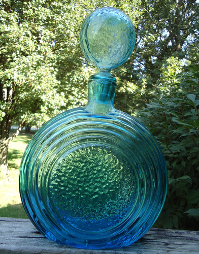 Empoli Blenko Glass Decanter Stopper Turquoise Ice Blue Squat Bottle Round MCM - Picture 2 of 13