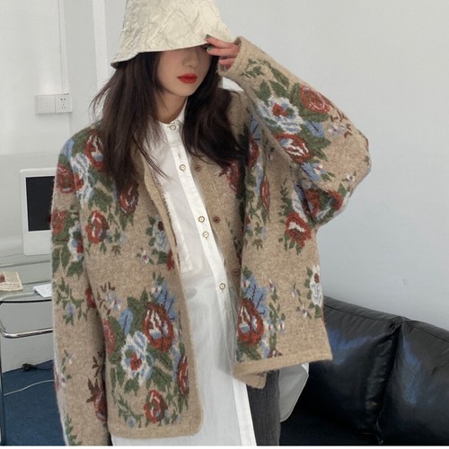 Mujeres Suéter Tejido Abrigo Manga Larga Chaqueta Cárdigan Floral Retro Suelto Cálido - Imagen 3 de 14