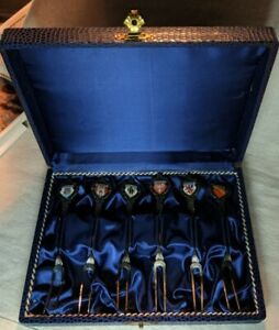 Vintage-Set-Of-6-Pickle-Forks-Enamel-German-Cities-Made-In-West-Germany-in-box