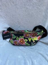Woman  s beautiful metallic black and multicolor floral design fanny pack