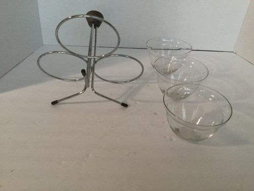 Mid-Century 4 Pc Condiment Serving Set Stainless Steel Wood Handle Glass bowls  - Bild 7 von 10