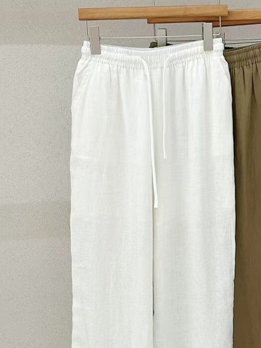 Elastic Waist Lace-up Comfortable Casual Pants Womens 100% Linen Long Trousers - Picture 6 of 20