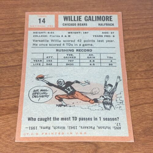 1962 Topps NFL Football Willie Galimore #14 - Chicago Bears - Florida A&M EX+ - Picture 3 of 3