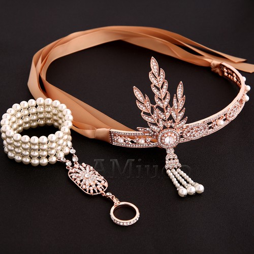 20er Jahre Flapper tolles Gatsby Kopfschmuck Perlen brüllend 20s Stirnband Armband Ring - Bild 11 von 29