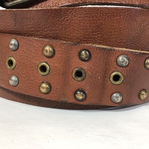 Studded Brown Leather Wide Women's Belt Linea Pelle Brass Silver 28"-33" - Picture 11 of 12