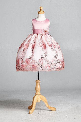 Dusty Rose Floral Satin Embroidery Dress ALL SIZES Wedding Flower Girl #09 - Picture 2 of 5