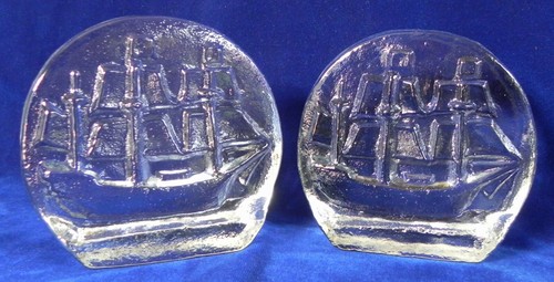 2 Pilgrim "Mayflower" Clear Glass Bookends, Sailing Ships Mid-Century Modern USA - Picture 1 of 9