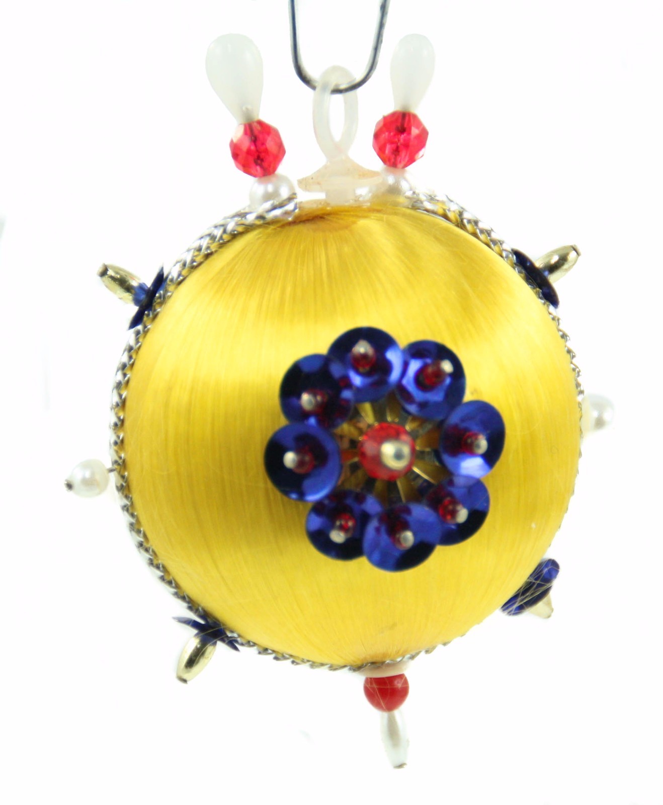 Yellow Silk Beaded Pearl Jewel Ball Christmas Tree Ornament Holiday Decor