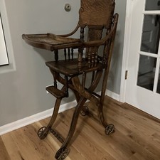 Antique Oak High Chair And Stroller Combination Chair W/ Wicker Seat