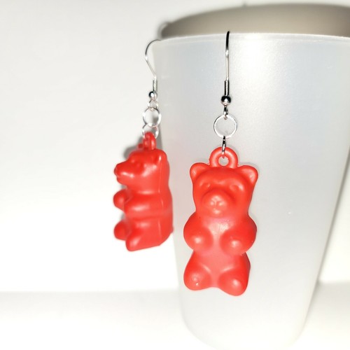 Red Gummy Bear Novelty Earrings 2.5" Hypoallergenic Ear Wires - Picture 3 of 4