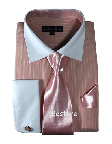 Men's Striped Formal Dress Shirt w/ French Cuff Links, Tie and Hanky #17 - 第 9/10 張圖片