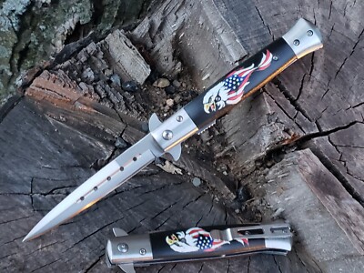 Eagle Flag Spring Assisted Black Silver Pocket Knife Tip Up EDC Stiletto 3CR13