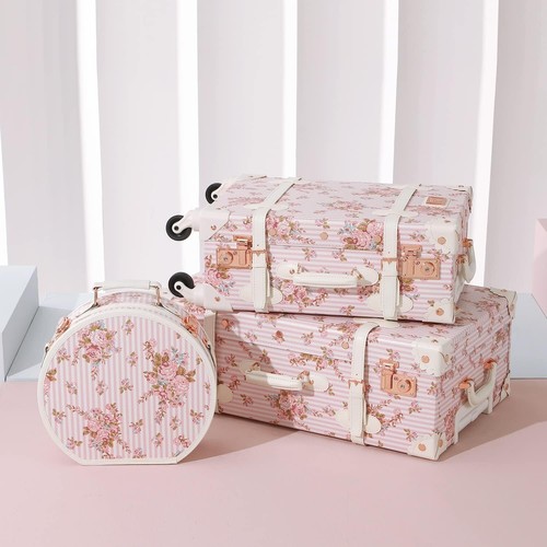 2 Piece Vintage Luggage Set Women Carry on Suitcase with Hat Box Cosmetic Case - Picture 18 of 30