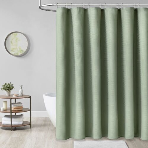 Green Shower Curtain - Waffle Textured Heavy Duty Thick Fabric Shower Curtains - Picture 2 of 6