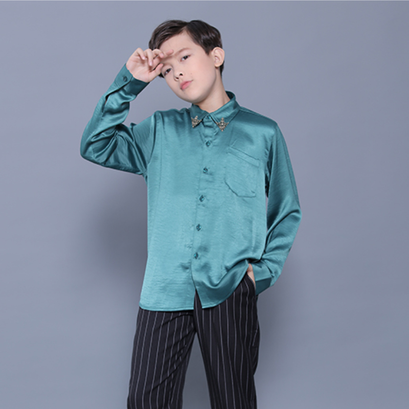 Chemise Pour Enfant 146 - Couleur Unie - Manches Longues - Gentleman à Revers - Bouton - T-shirt Pour Bébé Garçon 56, Bleu, 5-6 Ans