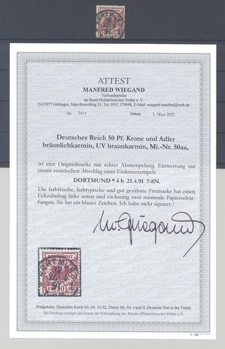 Dt. Reich Mi.No. 50aa, 50 Pfg. Eagle Crown 1889 Stamped, FA BPP (11143)
