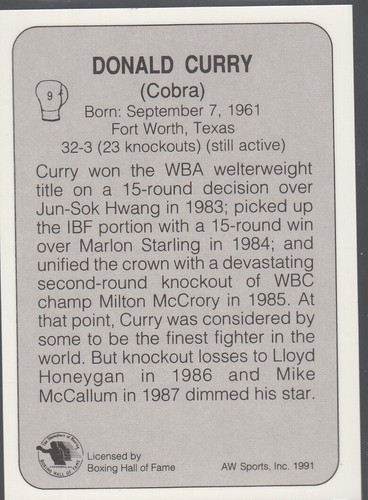 DONALD CURRY 1991 All World Boxing #9 Welterweight Champion Mint - Picture 2 of 2