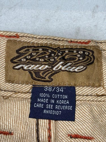 Vintage Raw Blue Denim Jean Size 38x34 Brown Baggy 100 Dollar Studded Streetwear - Picture 4 of 4