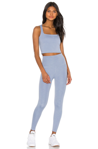 Legging Beyond Yoga HR3243 Heather Rib cintura alta midi azul sereno talla S - Imagen 3 de 4