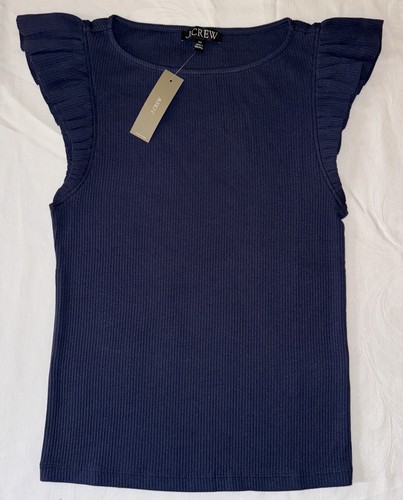J Crew Size XS Vintage Rib Ruffle Boatneck Tank Top Sleeveless Navy BY423 NWT