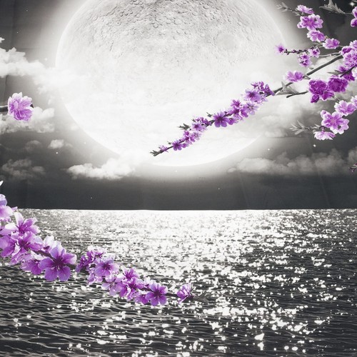 Small Full Moon Over Ocean Tapestry Wall Hanging, Purple Japanese Cherry Blos... - Picture 5 of 10