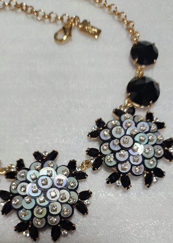 Kate Spade Signed "Be Bold" Sequin Black Clear Rhinestone Flower Necklace B591 - Picture 6 of 10