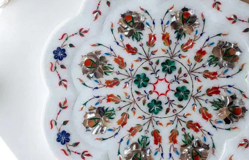 10" Luxury Marble Inlay Serving Plate Floral Marquetry Art Tray for Kitchen Deco - Picture 4 of 6